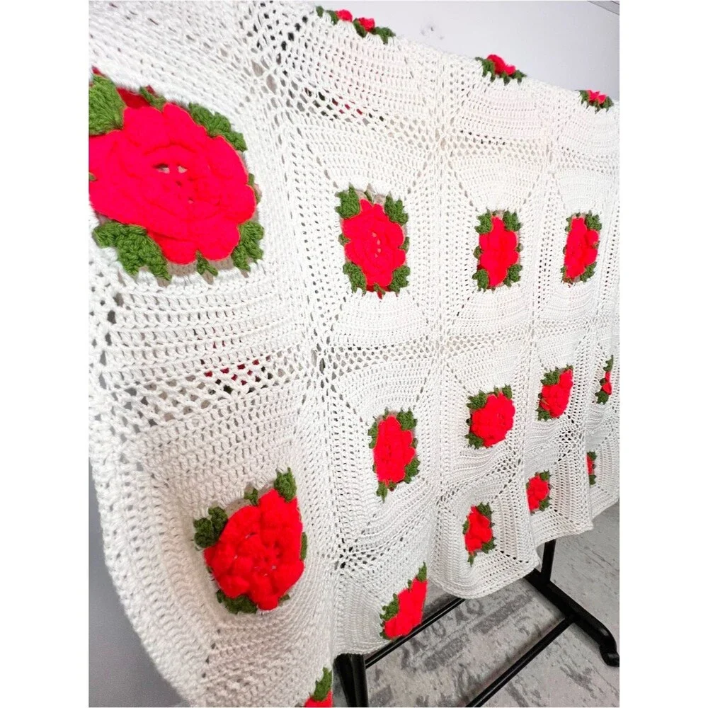VTG Handmade Crochet Throw 3D Red Roses Granny Square Afghan 72”x60”
